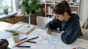 Uczennica rysuje mapę myśli na dużej kartce przy stole w domu