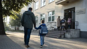 Rodzic odprowadza dziecko z tornistrem do budynku szkoły podstawowej