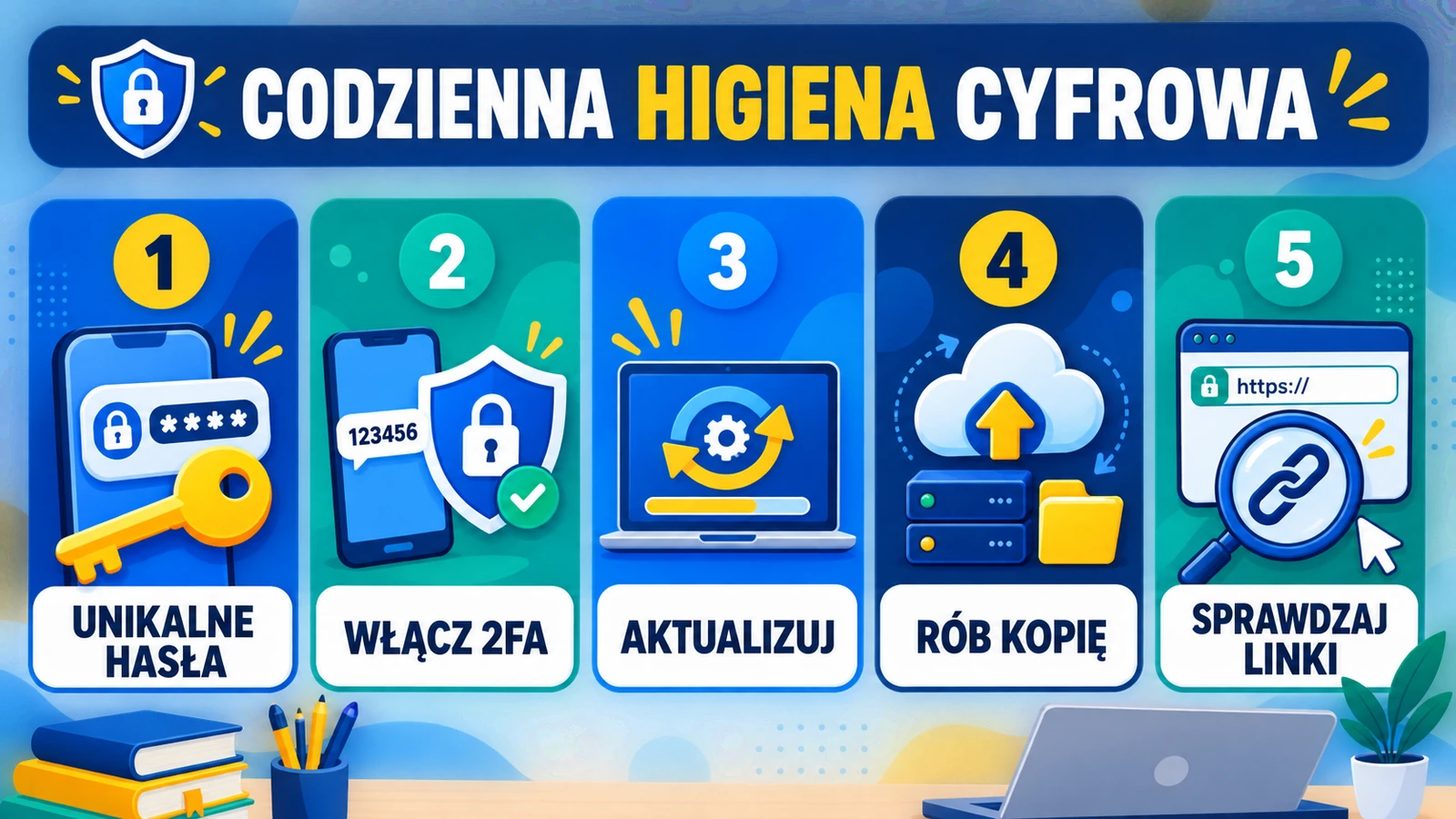 Pięć zasad codziennej higieny cyfrowej: unikalne hasła, 2FA, aktualizacje, kopie zapasowe i sprawdzanie linków.