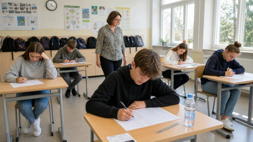 Ósmoklasiści piszą egzamin przy pojedynczych ławkach w sali szkolnej, nauczycielka przechodzi między rzędami
