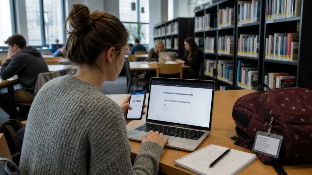Studentka w bibliotece uczelnianej ustawia dwuskładnikowe logowanie na laptopie i telefonie