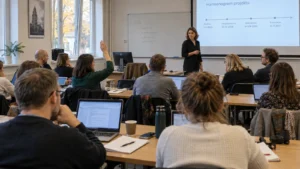 Dorośli słuchacze studiów podyplomowych podczas sobotnich zajęć w sali uczelni, prowadząca omawia projekt na ekranie